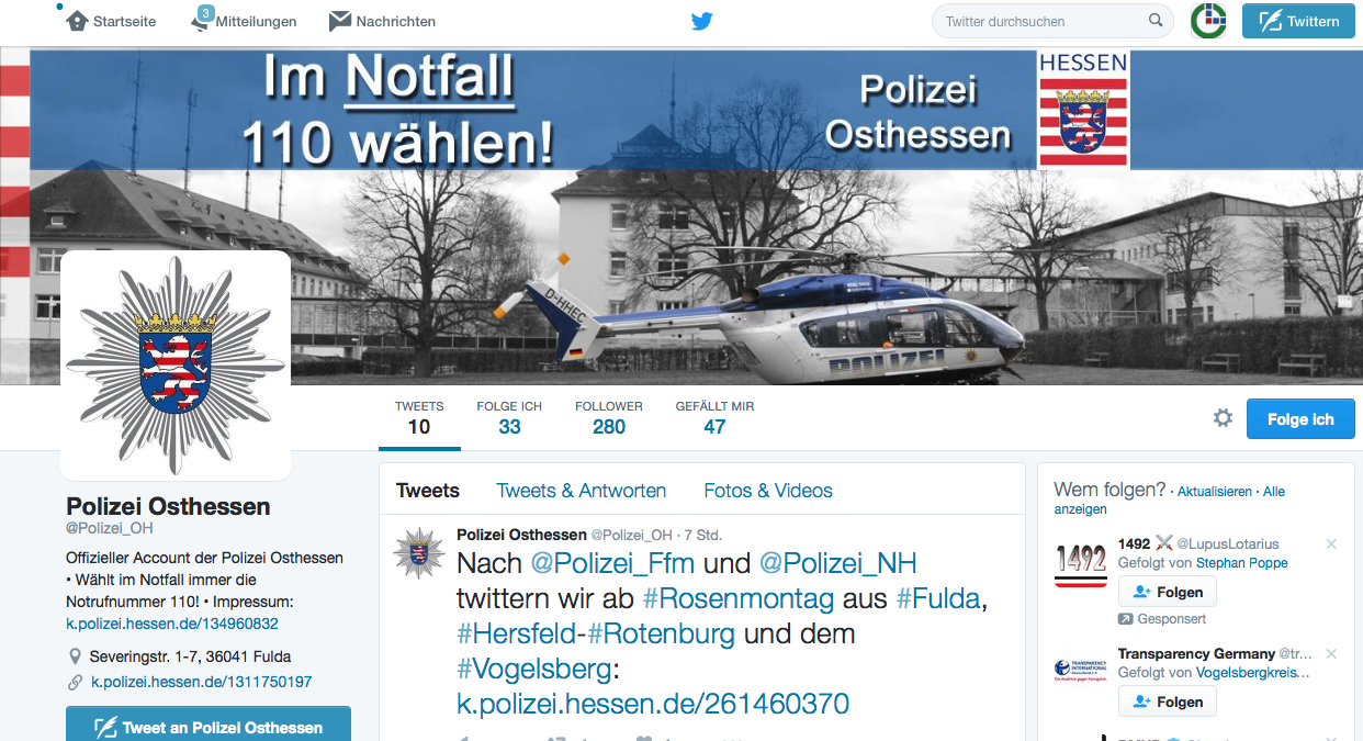 Ist jetzt auch auf Twitter Vertreten: Das Profil des Polizeipräsidiums Osthessen auf dem Kurznachrichtendienst. Screenshot: OL